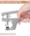 All In One Snap Fastener Starter Kit For Sewing And DIY Crafts With 408 Sets In 24 Color Options Plus Snap Pliers Press Tool And All Accessories For Clothes Replacements Bibs Rain Gear Kamtop showing high-quality aluminum snap plier in hand.