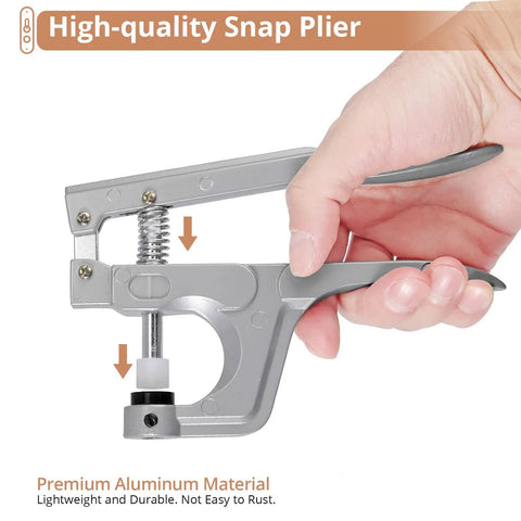 All In One Snap Fastener Starter Kit For Sewing And DIY Crafts With 408 Sets In 24 Color Options Plus Snap Pliers Press Tool And All Accessories For Clothes Replacements Bibs Rain Gear Kamtop showing high-quality aluminum snap plier in hand.