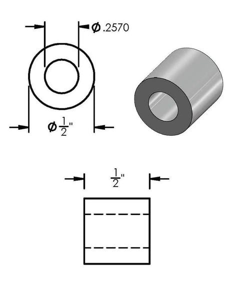 Diagram of Aluminum Spacer Outer Diameter Half Inch Inner Diameter Quarter Inch Round Unthreaded Standoff Bushing Plain Finish