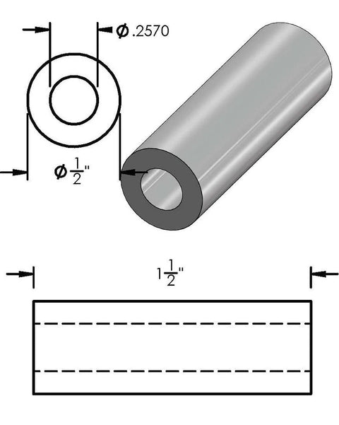 Illustration of One Half Inch Aluminum Spacer With One Quarter Inch Inner Diameter Unthreaded Round Standoff Bushing In Plain Finish
