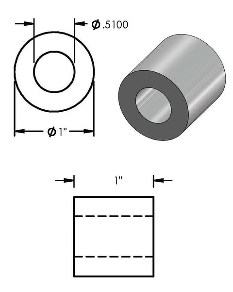 Diagram of Heavy Duty Aluminum Spacer 1 Inch OD By Half Inch ID Unthreaded Standoff Round Bushing Plain Finish 2 Pack 6061 Aluminum
