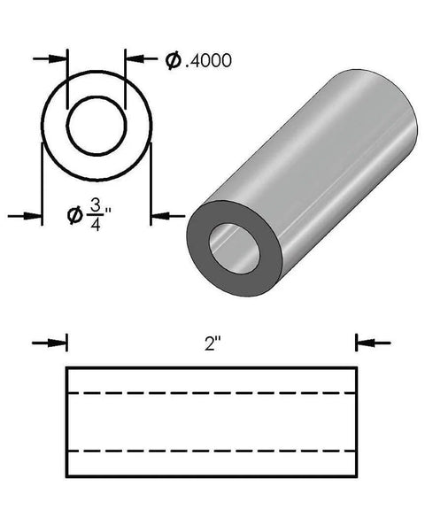 Diagram of Aluminum Spacer Three Quarters Inch Outer Diameter By 0.40 Inch Inner Diameter, two inches long, plain finish, unthreaded