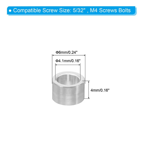 Built Tough M4 Aluminum Spacer Set 10 Pieces 4.1mm ID 6mm OD 4mm Long Fits Five Thirty Second Inch And M4 Screws Silver Aluminum Standoffs
