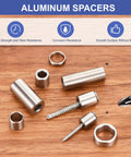 Pro Grade Aluminum Spacer Kit 32 Pcs M5 Unthreaded Standoff, corrosion-resistant 6061 aluminum spacers displayed on wooden surface.