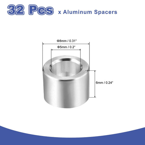 Pro Grade Aluminum Spacer Kit 32 Pcs M5 Unthreaded Standoff Bushings 5mm ID X 8mm OD X 6mm Length Plain Finish with dimensions