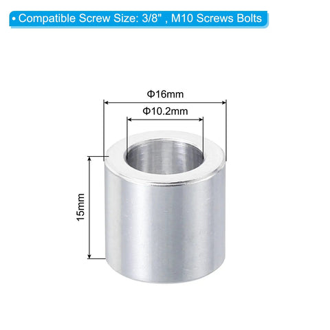 Front view of single durable aluminum spacer from the Durable Aluminum Spacer Set M10 3/8 Inch Bolts Standoff, 10.2mm ID x 16mm OD x 15mm length.