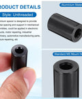 Close-up of 4 Pack Aluminum Spacers M5 Unthreaded Standoff Black Three Sixteenth Inch Inner Diameter One Half Inch Outer Diameter Three Quarter Inch Length For M5 Screws Bolts Durable Metal Spacers showing the aluminum material and standard M5 mount hole.