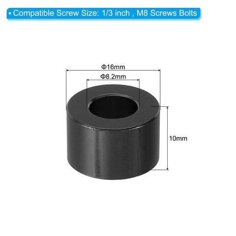 Aluminum Spacer Set Of Eight Round Spacers, Eight Point Two Millimeter Inner Diameter, Sixteen Millimeter Outer Diameter, Ten Millimeter Length, Compatible With One Third Inch And M8 Screws, Bolt Standoff For Mounting product image.