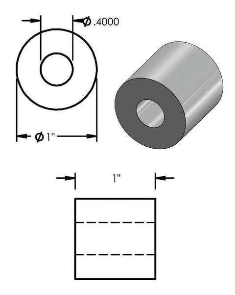 Diagram of Aluminum Spacer 1 Inch OD X 3 Eighths Inch ID Unthreaded Round Standoff Fits 3 Eighths Inch Bolts Or M10 Choose Length