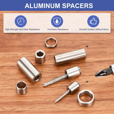 32-piece aluminum spacer set with 4mm ID, 7mm OD, and 4mm length, unthreaded standoffs for M4 screws on wooden surface.