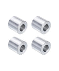 Four piece aluminum spacer set half inch bore, one inch outer diameter and length, round standoffs for half inch screws, durable alloy.