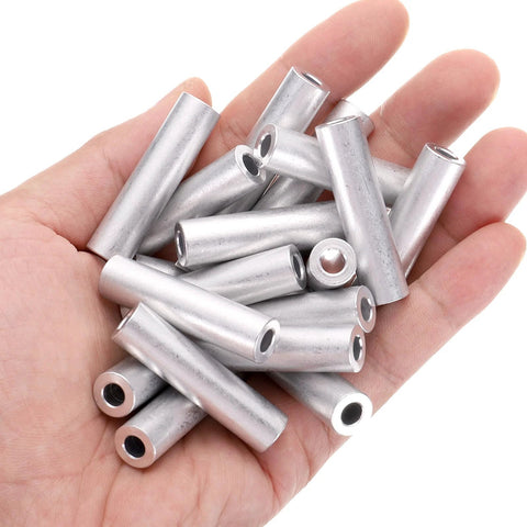 Hand holding Pro Grade Heavy Duty Aluminum Spacer Set for M5 Screws and Rods, 5mm bore, 10mm OD, 40mm length, 20 pieces, plain finish.