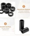 12 Pack Aluminum Spacers For Quarter Inch Screws Durable Aluminum Build One Quarter Inch Inner Diameter One Half Inch Outer Diameter One And A Half Inches Long Unthreaded Standoff Bushings Black Finish showing multiple spacers with smooth surface in black finish.