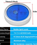 Precision Aluminum Round Bullseye Spirit Level Tool, 74mm Diameter, large pocket level with alloy case and blue bullseye.