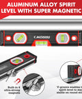 Three Piece Spirit Level Set With 9 Inch, 16 Inch, And 48 Inch Levels For Construction And Carpentry Built Tough For Pros Includes Bag Aluminum Body Machined Base Shockproof End Caps And High Visibility Fluorescent Bubbles For Fast Readings, close-up of aluminum spirit levels showing magnets and v-groove base.