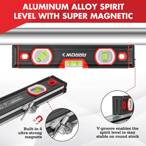 Three Piece Spirit Level Set With 9 Inch, 16 Inch, And 48 Inch Levels For Construction And Carpentry Built Tough For Pros Includes Bag Aluminum Body Machined Base Shockproof End Caps And High Visibility Fluorescent Bubbles For Fast Readings, close-up of aluminum spirit levels showing magnets and v-groove base.