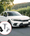White car driving with inset of Engine Splash Shield Hardware Kit 14 Piece Set With Lower Cover Pins Screws And Clips Aluminum Alloy Built To Last Beefed Up For A Tough Rust Resistant Fit Includes 90674-TY2-A01 And 90105-TBA-A00 Universal Fit For Most Cars