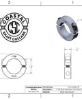 Diagram of Two Piece Aluminum Split Shaft Collar for 1.125 Inch Bore, highlighting 2024 aluminum construction and dimensions.