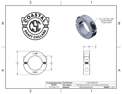 Diagram of Two Piece Aluminum Split Shaft Collar for 1.125 Inch Bore, highlighting 2024 aluminum construction and dimensions.