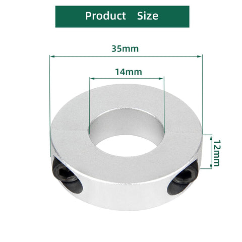 Pack Of Four Split Shaft Collar Bore 14mm Aluminum Alloy Two Halves Clamping Collar For Shaft With 35mm Outer Diameter And 12mm Thickness Plus M4 Set Screws Built To Last Lightweight Yet Sturdy For Precision Machinery And DIY Projects showing dimensions 14mm bore, 35mm outer diameter, 12mm thickness.