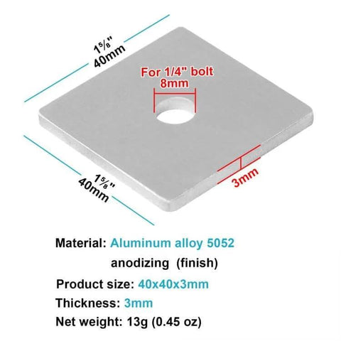 Premium aluminum flat square washer plates for 1-5/8 inch strut channels and 1/4 inch bolts, featuring a 3 mm thick, 40 mm outer size with 8 mm holes, anodized for durable, corrosion resistant solar panel mounting