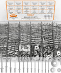 1000PCS Aluminum Pop Rivets Assortment Kit, 14 Sizes with 5 Size 304 Stainless Steel Backup Washers in storage case, top view.