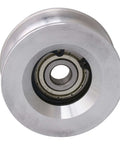 Front view of 60mm Diameter 25mm High Passive Round Guide Pulley Wheel Made Of Aluminum And Bearing Steel With 10mm Groove Radius