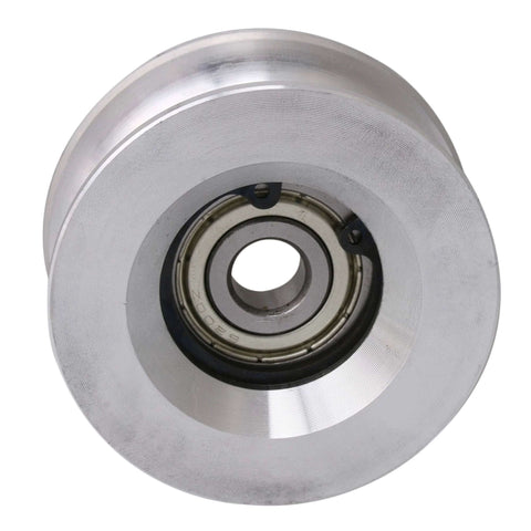 Front view of 60mm Diameter 25mm High Passive Round Guide Pulley Wheel Made Of Aluminum And Bearing Steel With 10mm Groove Radius