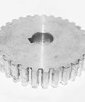 Close-up of a silver aluminum gear from the 2 Pcs Metal Synchronous Pulley Gear Set for Mini Lathe Drive Wheel, 8mm Bore, 10mm Shaft