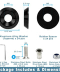 Package contents of 24-Piece M8x24mm Anodized Aluminum Tapered Washer Kit for Exterior Dress Up, including bolts and nuts with dimensions.