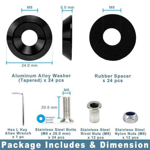 Package contents of 24-Piece M8x24mm Anodized Aluminum Tapered Washer Kit for Exterior Dress Up, including bolts and nuts with dimensions.