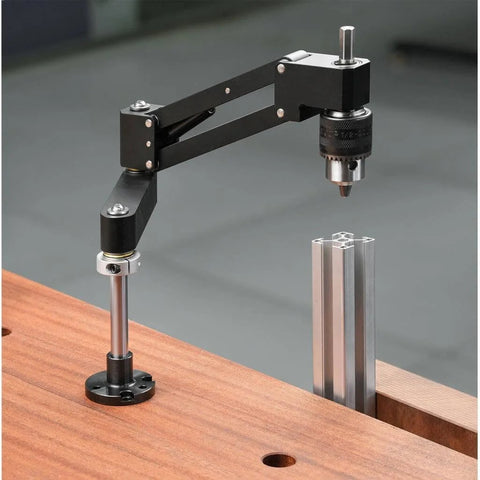 Aluminum Alloy Tapping Arm Cantilever Bracket With Universal Flexible Arm mounted on workbench for drilling and threading