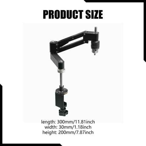 Aluminum Alloy Tapping Arm Cantilever Bracket With Universal Flexible Arm for Drilling and Threading, shown with size dimensions