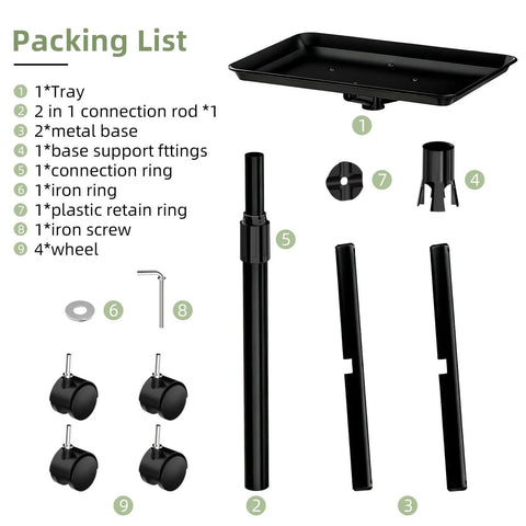 Packing list for Premium Aluminum Tattoo Tray On Wheels For Salons And Clinics, 36 Inch Rolling Service Cart, components assembly