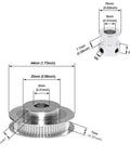 Diagram showing dimensions of aluminum pulley wheels with measurements in mm and inches, highlighting small mechanical parts.