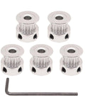 Set of five aluminum timing pulleys with Allen key for precise adjustments and assembly setups in machinery and equipment.