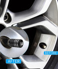 Aluminum Alloy Tire Valve Stem Caps 4 Pack Black, Anodized Finish, on vehicle wheel, before and after installation view.
