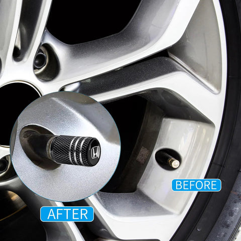 Aluminum Alloy Tire Valve Stem Caps 4 Pack Black, Anodized Finish, on vehicle wheel, before and after installation view.