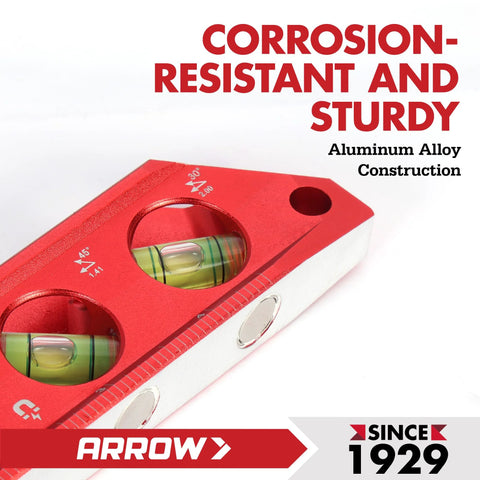 Compact 6.3 inch magnetic torpedo level with top view windows, aluminum frame, and dual metric and SAE scales.