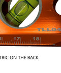 Close-up of Savage Lightning Aluminum Torpedo Magnetic Illuminated Level Nine Inch with vial and metric scale.