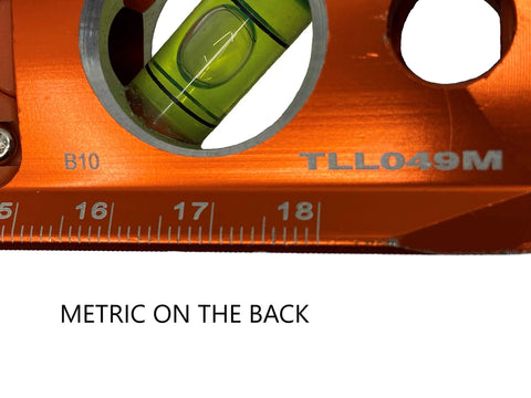 Close-up of Savage Lightning Aluminum Torpedo Magnetic Illuminated Level Nine Inch with vial and metric scale.