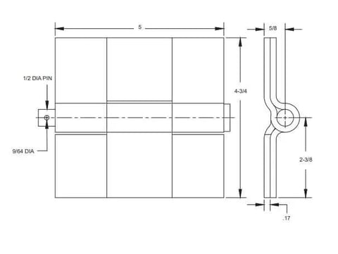Blueprint of Aluminum Trailer Door Butt Hinge 5 By 4.75 Inch Heavy Gauge Welded Removable Pin With Cotter Pin, side and front view.