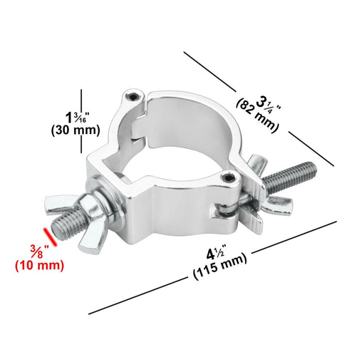20 Pack 2 Inch Aluminum Truss Lighting Clamps with measurements for 48-51 mm truss, heavy duty for stage lights, quick attach design.