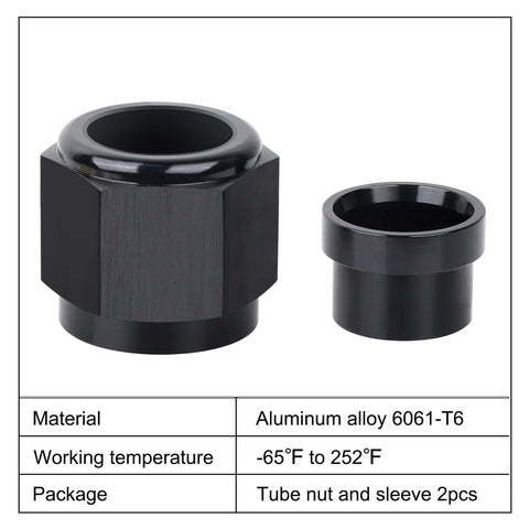 6AN Three Eighths Inch Female Hardline Tube Nut and Sleeve Aluminum Fitting for Three Eighths Inch OD Alloy Tubing Two Piece Set