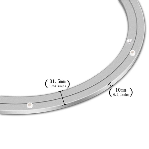 Close-up of Heavy Duty Aluminum Turntable Bearing 20 Inch Swivel Plate with dimensions for dining tables and workbenches.