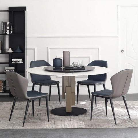 Dining table with Heavy Duty Aluminum Turntable Bearings Swivel Plate, surrounded by five chairs in a modern room setting.