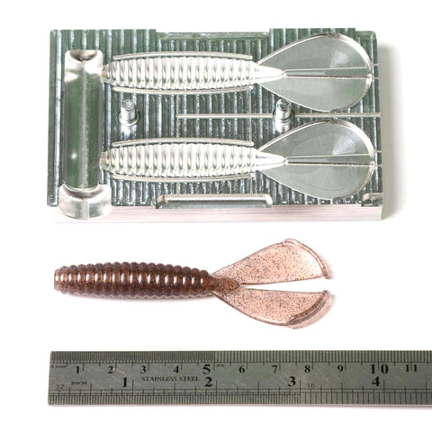 Soft Plastic Lure Injection Mold Twin Tail Menace 3.4 Inch Aluminum Two Cavity For Durable Bait Making with plastisol lure and ruler.