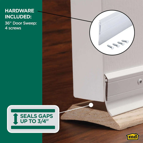 Image showing installation of All Season Door Sweep For Heavy Duty Aluminum And Vinyl Seals Bottom Gaps Keeps Indoor Comfort And Energy Use Low Great For Home And Commercial Doors Easy Installation 36 Inch White, includes hardware and seals up to 3/4 inch gaps.