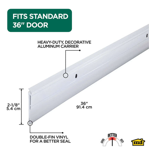 All Season Door Sweep For Heavy Duty Aluminum And Vinyl Seals Bottom Gaps Keeps Indoor Comfort And Energy Use Low, 36 Inch White
