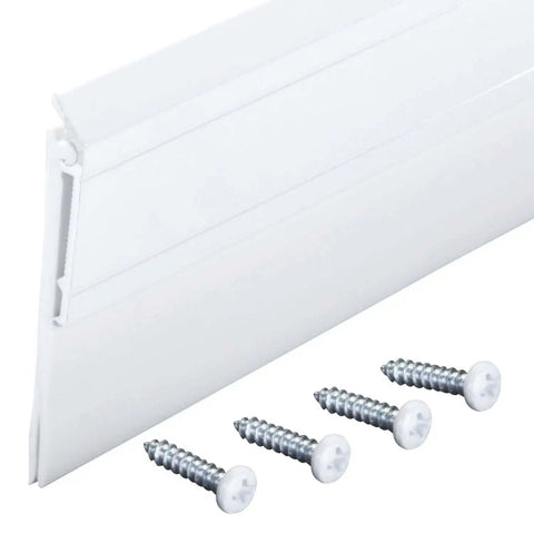 All Season Door Sweep For Heavy Duty Aluminum And Vinyl Seals Bottom Gaps Keeps Indoor Comfort And Energy Use Low Great For Home And Commercial Doors Easy Installation 36 Inch White, included screws close-up